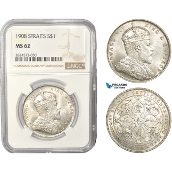 AC443, Straits Settlements, Edward VII, 1 Dollar 1908, Bombay, Silver, NGC MS62