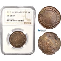 AC446, Tunisia, French Protectorate, 10 Centimes AH1310 (1892) A, Paris, NGC MS61BN, Pop 1/1
