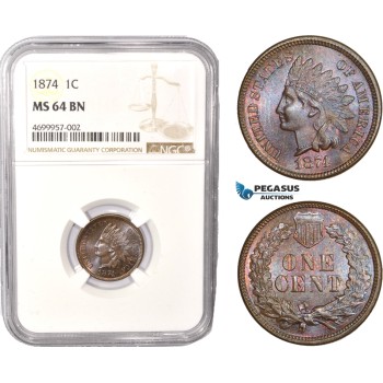 AC448, United States, Indian Head Cent 1874, Philadelphia, NGC MS64BN