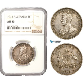 AC452-R, Australia, George V, 2 Shillings / Florin 1913, Silver, NGC AU53