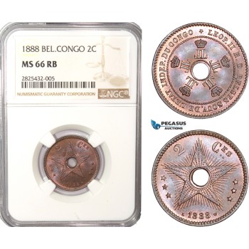AC453-R, Belgian Congo, Leopold II, 2 Centimes 1888, NGC MS66RB, Pop 2/0