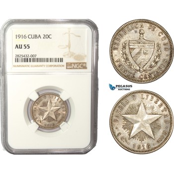 AC455-R, Cuba, 20 Centavos 1916, Philadelphia, Silver, NGC AU55