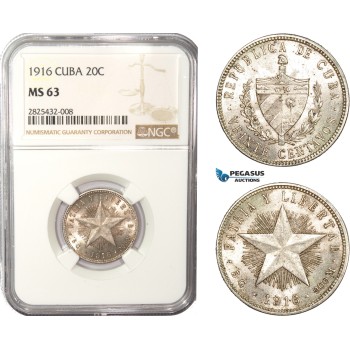 AC456-R, Cuba, 20 Centavos 1916, Philadelphia, Silver, NGC MS63