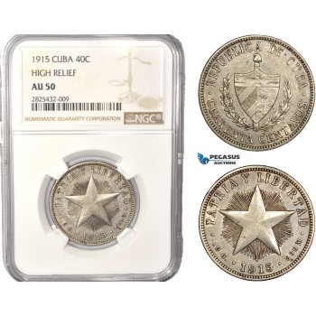 AC457-R, Cuba, 40 Centavos 1915 High Relief Philadelphia, Silver, NGC AU50 AC457-R, Cuba, 40 Centavos 1915 High Relief Philadelphia, Silver, NGC AU50