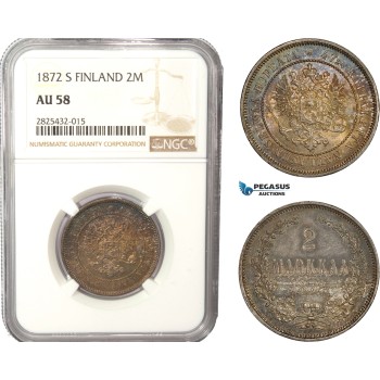 AC461-R, Finland, Alexander II. of Russia, 2 Markkaa 1872 S, Silver, NGC AU58 AC461-R, Finland, Alexander II. of Russia, 2 Markkaa 1872 S, Silver, NGC AU58