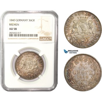 AC465-R, Germany, Bremen, 36 Grote 1840, Silver, NGC AU58, Pop 1/1