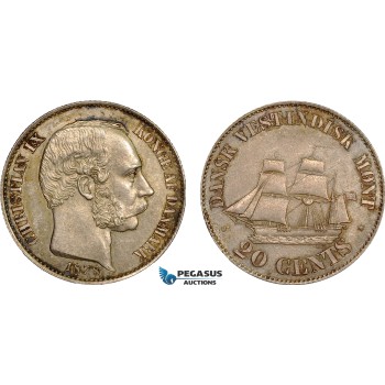 AC486-R, Danish West Indies, Christian IX, 20 Cents 1878, Copenhagen, Silver, Toned UNC (Old cleaning)