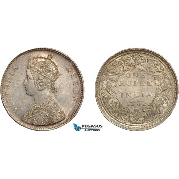 AC501, India (British) Victoria, 1 Rupee 1862-B, Bombay, Silver, AU-UNC (Lightly cleaned)