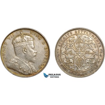 AC509, Straits Settlements, Edward VII, 1 Dollar 1907-B, Bombay, Silver, Cleaned AU