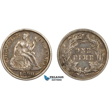 AC512-R, United States, Liberty Seated Dime (10C) 1890, Philadelphia, Silver, Toned AU