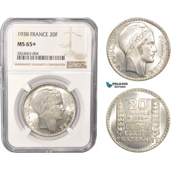 AC546, France, Third Republic, 20 Francs 1938, Paris, Silver, NGC MS65+, Pop 1/0