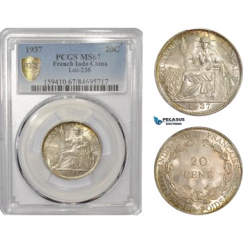 AC548, French Indo-China, 20 Centimes 1937, Silver, PCGS MS67, Top Pop (Scratched Slab)