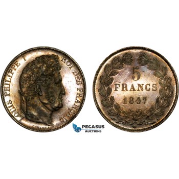 AC559, France, Louis Philippe I, 5 Francs 1847-A, Paris, Silver, Toned Ch Prooflike /Proof?