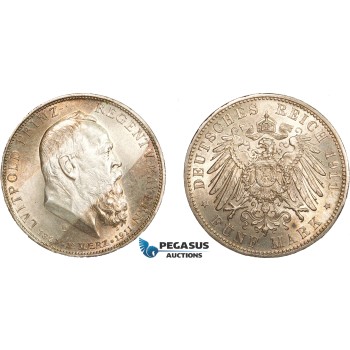 AC561, Germany, Bavaria, Luipold (Prince Regent) 5 Mark 1911-D, Munich, Silver, UNC (Minimal cleaning)