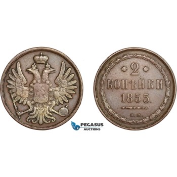 AC596, Russia, Nicholas I, 2 Kopeks 1855-BM, Warsaw, VF