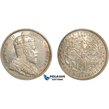 AC606, Straits Settlements, Edward VII, 1 Dollar 1903-B, Bombay (Incuse) Silver, Lightly cleaned AU