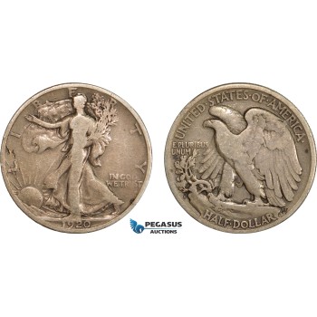 AC611-R, United States, Walking Liberty Half Dollar (50C) 1920-S, San Francisco, Silver, F