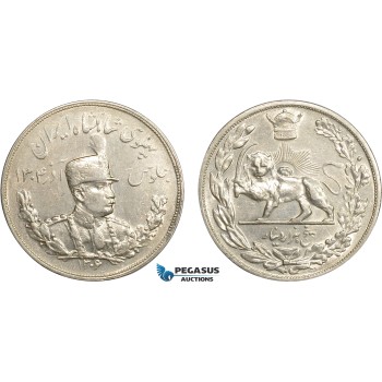 AC625, Iran, Reza Shah, 5000 Dinars (5 Kran) SH1306 (1927) Silver, Cleaned AU