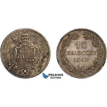 AC630, Italy, Papal, Gregory XVI, 10 Baiocchi 1842-B, Bologna, Silver, Toned AU