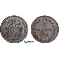 AC631, Italy, Roman Republic, Pius IX, 2 Baiocchi 1848-R, Rome, Cleaned AU