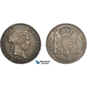 AC634, Spain, Isabella II, 10 Reales 1864, Madrid, Silver, Toned VF-XF