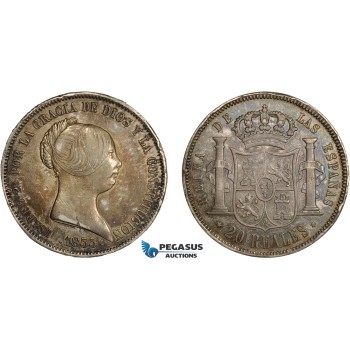 AC635, Spain, Isabella II, 20 Reales 1855, Madrid, Silver, Toned XF (Few edge nicks)