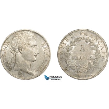 AC642, France, Napoleon, 5 Francs 1809-A, Paris, Silver, Cleaned AU