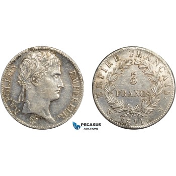 AC643, France, Napoleon, 5 Francs 1811-W, Lille, Silver, Polished AU