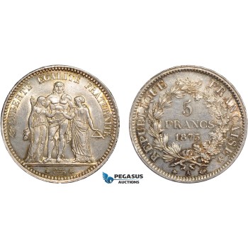 AC645, France, Third Republic, 5 Francs 1873-A, Paris, Silver, Lightly cleaned UNC