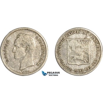 AC653, Venezuela, 1/4 Bolivar 1903, Philadelphia, Silver, F-VF
