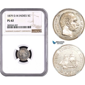 AC655, Danish West Indies, Christian IX, 5 Cents 1879, Silver, NGC PL62, Pop 1/1, Rare!