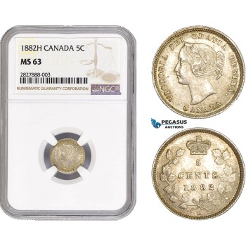 AC669, Canada, Victoria, 5 Cents 1882-H, Heaton, Silver, NGC MS63
