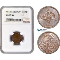AC677, Ottoman Empire, Egypt, Abdul Hamid II, 1/20 Qirsh AH1293/26, Misr, NGC MS63BN