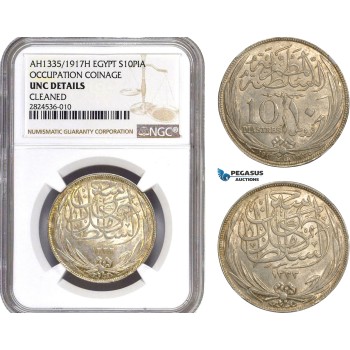 AC679, Egypt (Occupation Coinage) 10 Piastres AH1335 (1917) Silver, NGC UNC Details