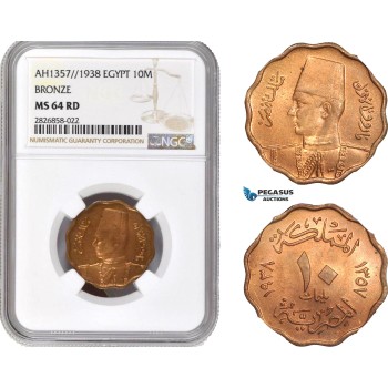 AC683, Egypt, Farouk, 10 Milliemes AH1357 / 1938, Bronze, NGC MS64RD, Top Pop