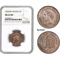 AC694, France, Napoleon III, 5 Centimes 1853-MA, Marseilles, NGC MS63BN, Pop 1/0, Rare!