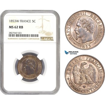 AC695, France, Napoleon III, 5 Centimes 1853-W, Lille, NGC MS62RB