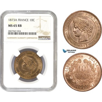 AC700, France, Third Republic, 10 Centimes 1873-A, Paris, NGC MS65RB, Pop 2/0
