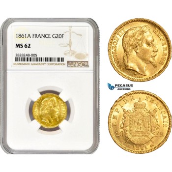 AC705, France, Napoleon III, 20 Francs 1861-A, Paris, Gold, NGC MS62