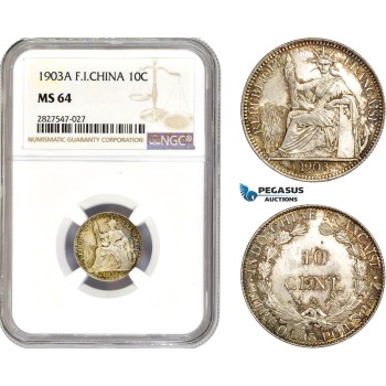 AC708, French Indo-China, 10 Centimes 1903-A, Paris, Silver, NGC MS64