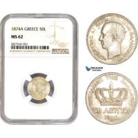 AC714, Greece, George I, 50 Lepta 1874-A, Paris, Silver, NGC MS62 AC714, Greece, George I, 50 Lepta 1874-A, Paris, Silver, NGC MS62