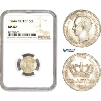 AC714, Greece, George I, 50 Lepta 1874-A, Paris, Silver, NGC MS62