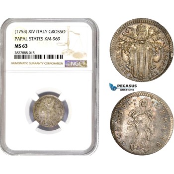 AC721, Italy, Papal, Benedict XIV, Grosso XIV (1753) Silver, KM-969, NGC MS63