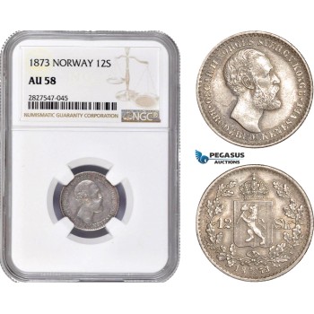 AC733, Norway, Oscar II, 12 Skilling 1873, Kongsberg, Silver, NGC AU58