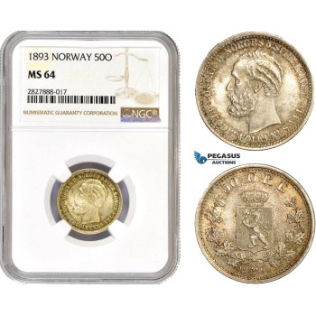 AC736, Norway, Oscar II, 50 Øre 1893, Kongsberg, Silver, NGC MS64