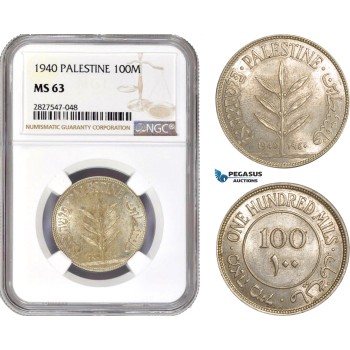 AC737, Palestine, 100 Mils 1940, London, Silver, NGC MS63
