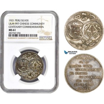 AC739, Peru & China, Silver Medal 1921, Chinese Centenary Commemeration, L&M-997, NGC MS61