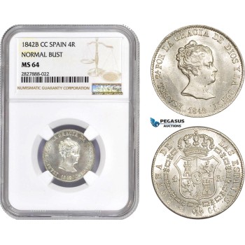 AC749, Spain, Isabella II, 4 Reales 1842 B CC, Barcelona, Silver, NGC MS64, Pop 1/0