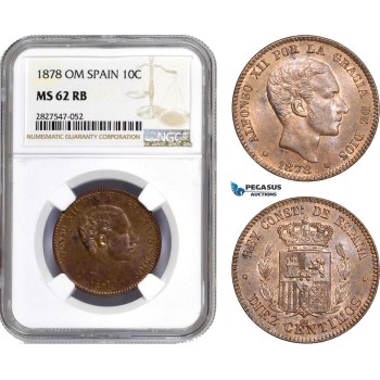 AC750, Spain, Alfonso XII, 10 Centimos 1878 OM, Barcelona, NGC MS62RB