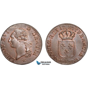 AC758, France, Louis XVI, 1 Sol 1787 (Mint mark not vissible) Red Brown UNC